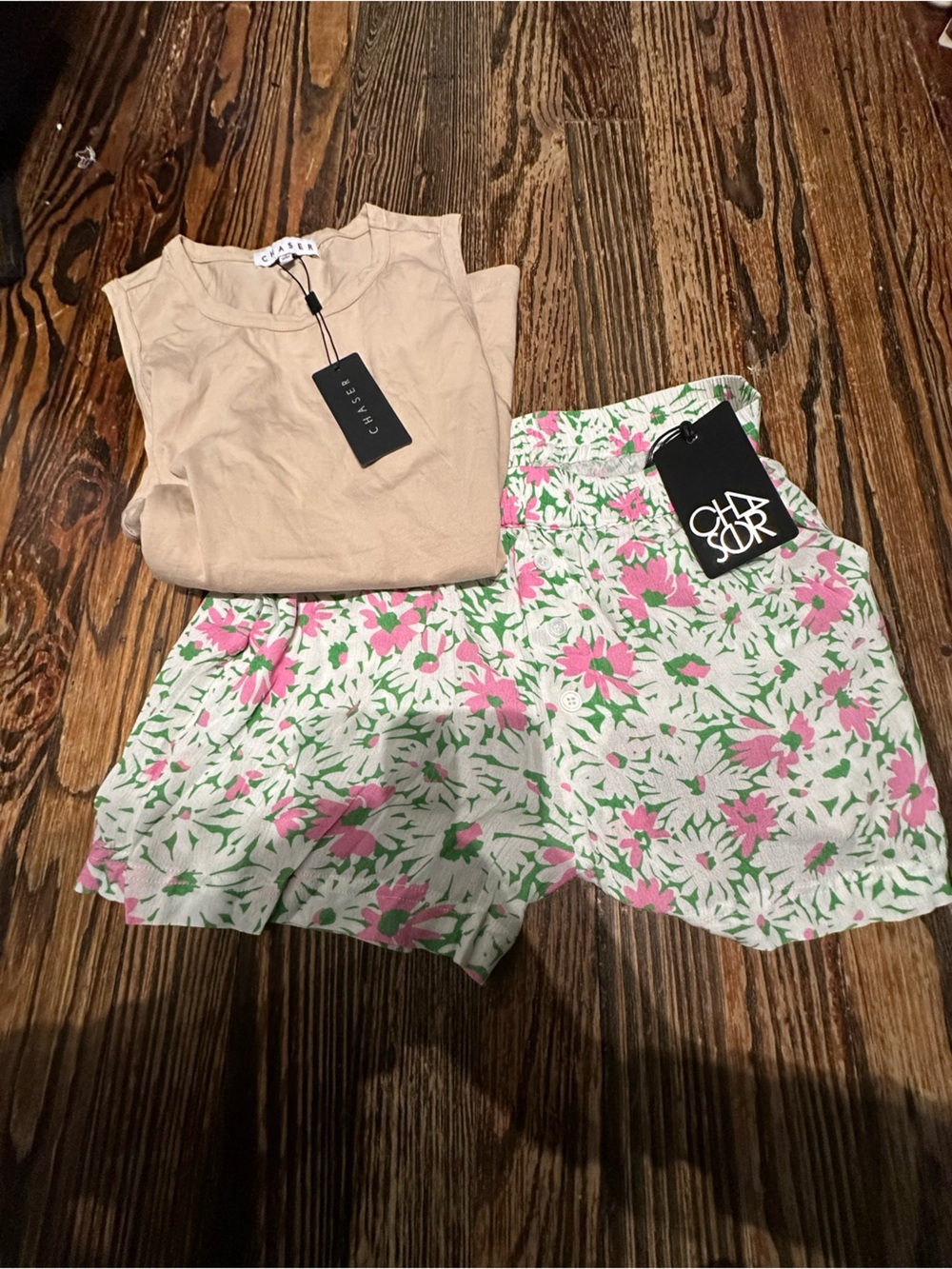 Chaser bundle pink  & Green Floral Shorts with Beige tank Top